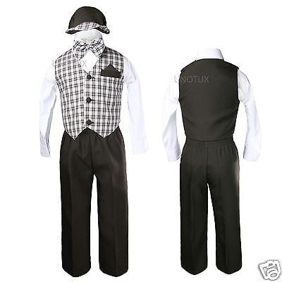 Unotux 5pc Boys Checks Gingham Eton Formal Brown Shorts Vest Set Suits Hat S-4T 